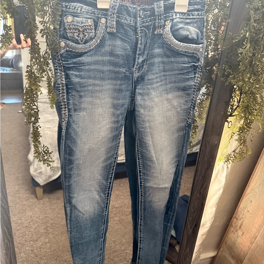 Rock Revival Blue Skinny Jeans with Embellished Pockets